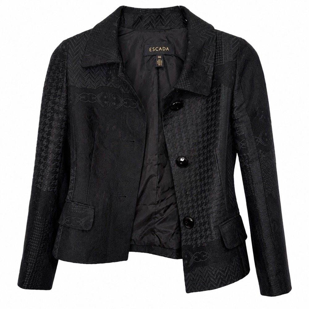 Escada Black Jacquard Blazer Jacket Size 36 Textured Pattern Designer - Picture 2 of 7
